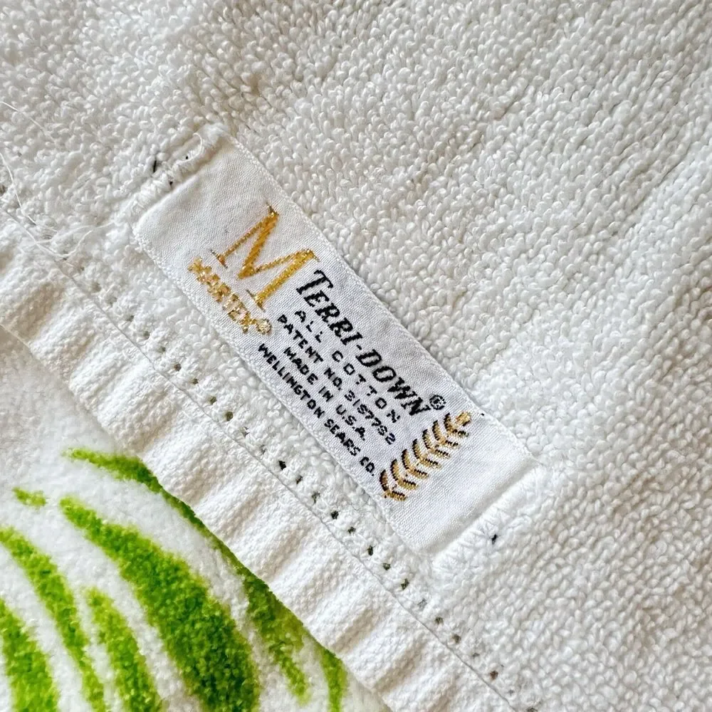 Vintage 70s MARTEX Retro Terrycloth Velour Hand Towel Green Gold Hibiscus Floral
